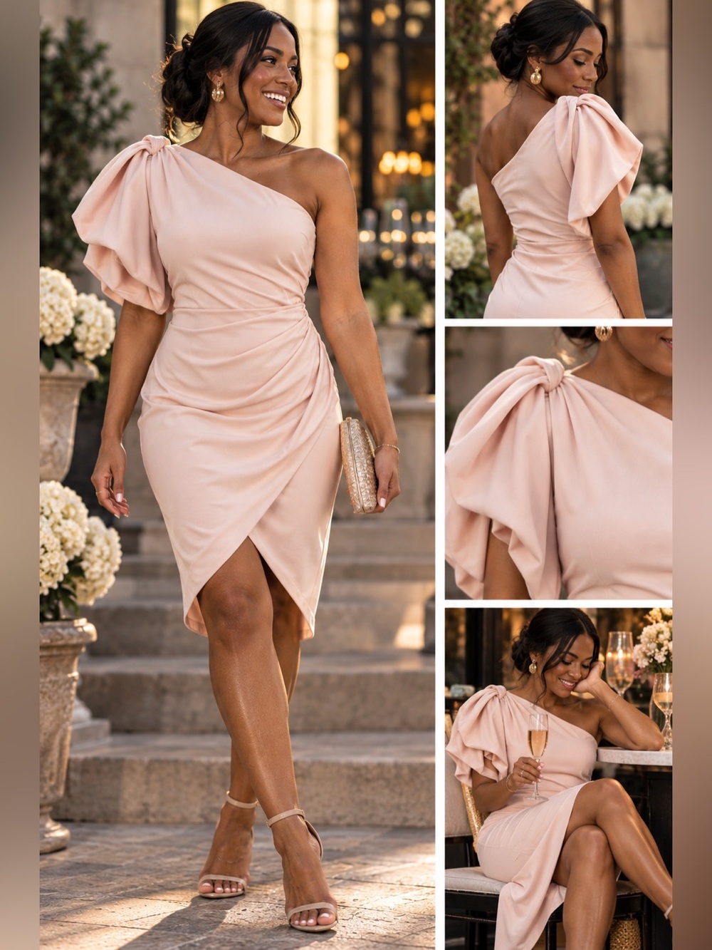 ChicMe Women's One-Shoulder Ruched Bodycon Cocktail Dress in Baby Pink